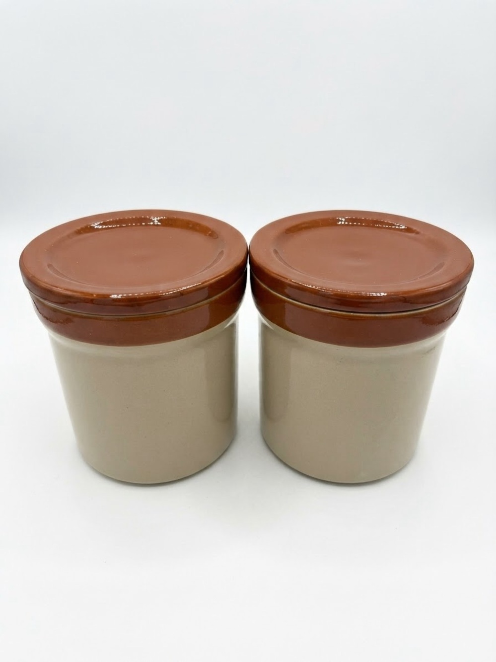 Vintage Denby TWO STONEWARE  Lidded Canisters  Made in England Brown/Taupe